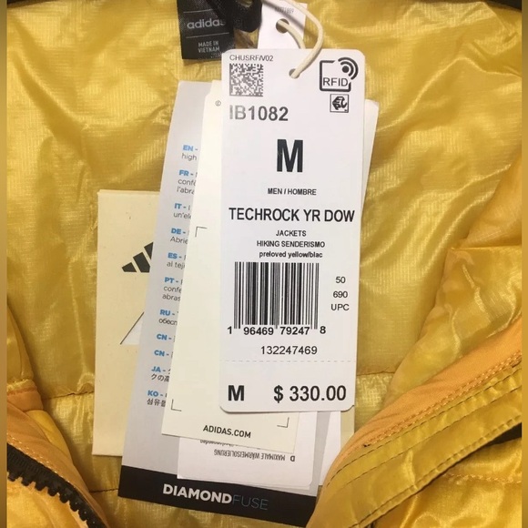 New! Adidas Originals Terrex Techrock Down Hooded Jacket Mens M 2XL Yellow Black - Picture 3 of 8